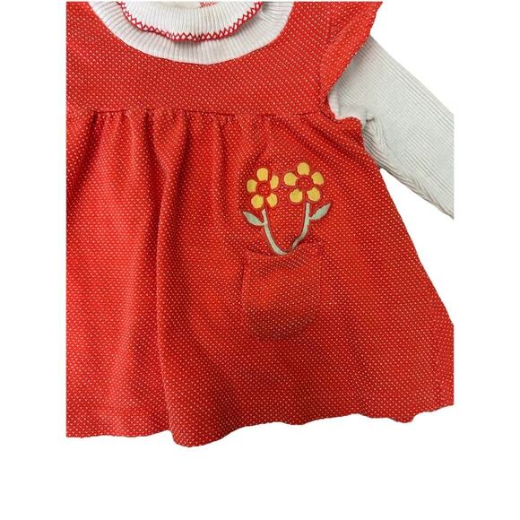 Vintage 1970s Carters Baby Girl Dress Orange White Polka Dot Turtle Neck Flower - Picture 2 of 6